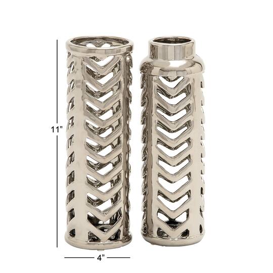 Set of 2 Silver Stoneware Glam Vase, 4" x 11"